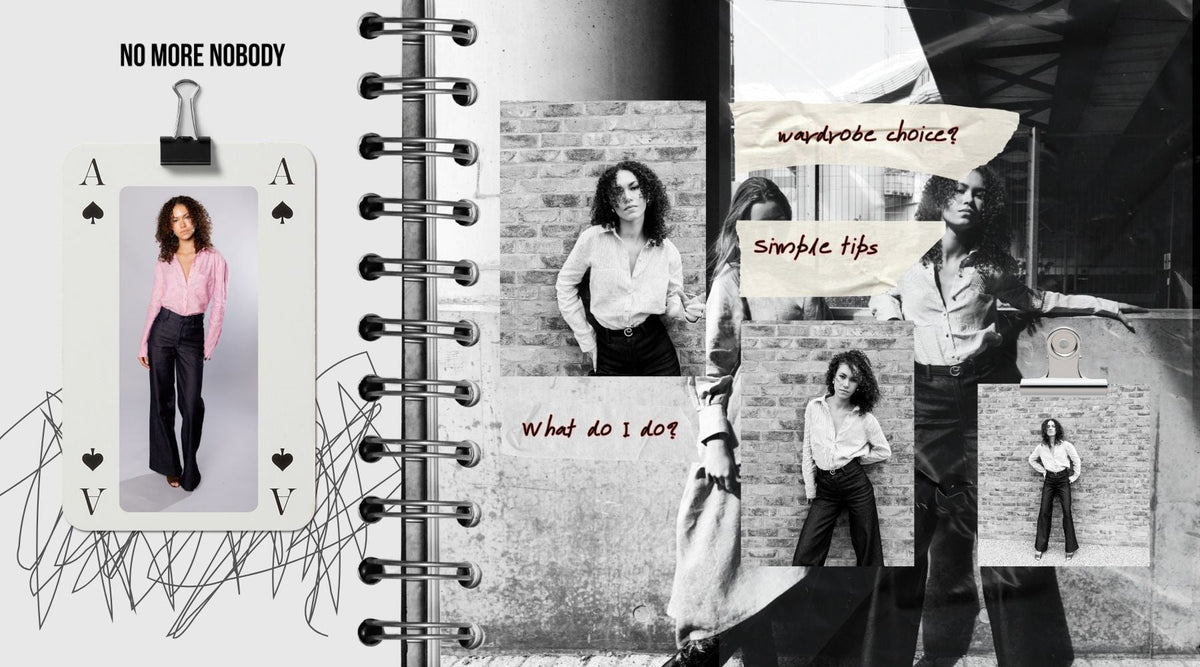 collage of images of a girl with black curly hair wearing dark denim jeans and red shirt