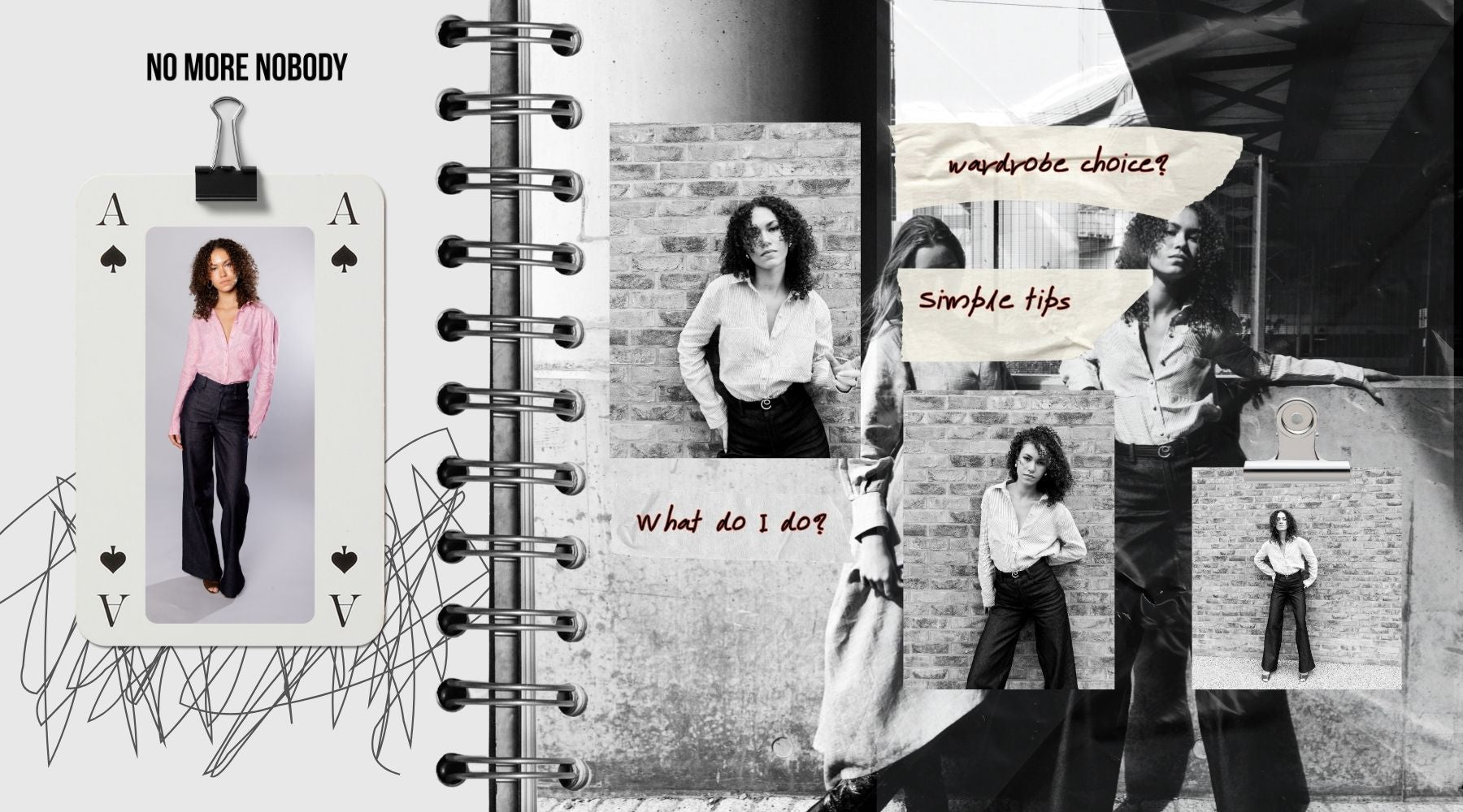 collage of images of a girl with black curly hair wearing dark denim jeans and red shirt
