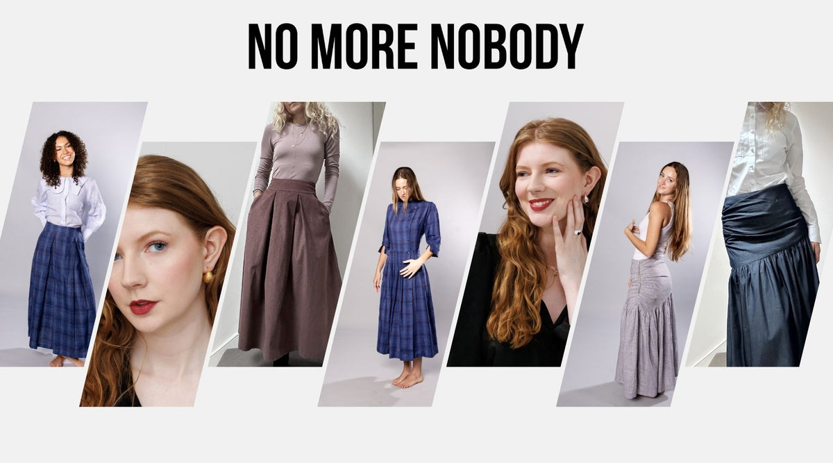 a collage of images of women wearing check navy, grey and denim skirts and dresses
