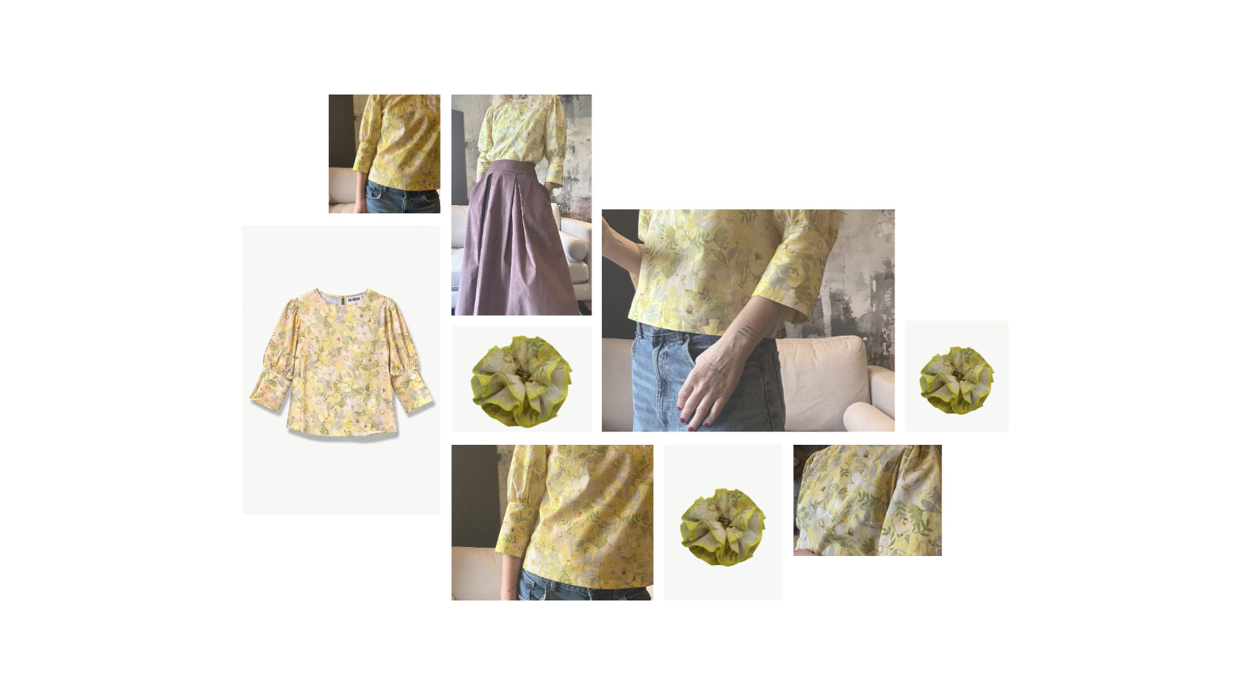 a selection of images of hair scrunchies and a blouse all in yellow floral print