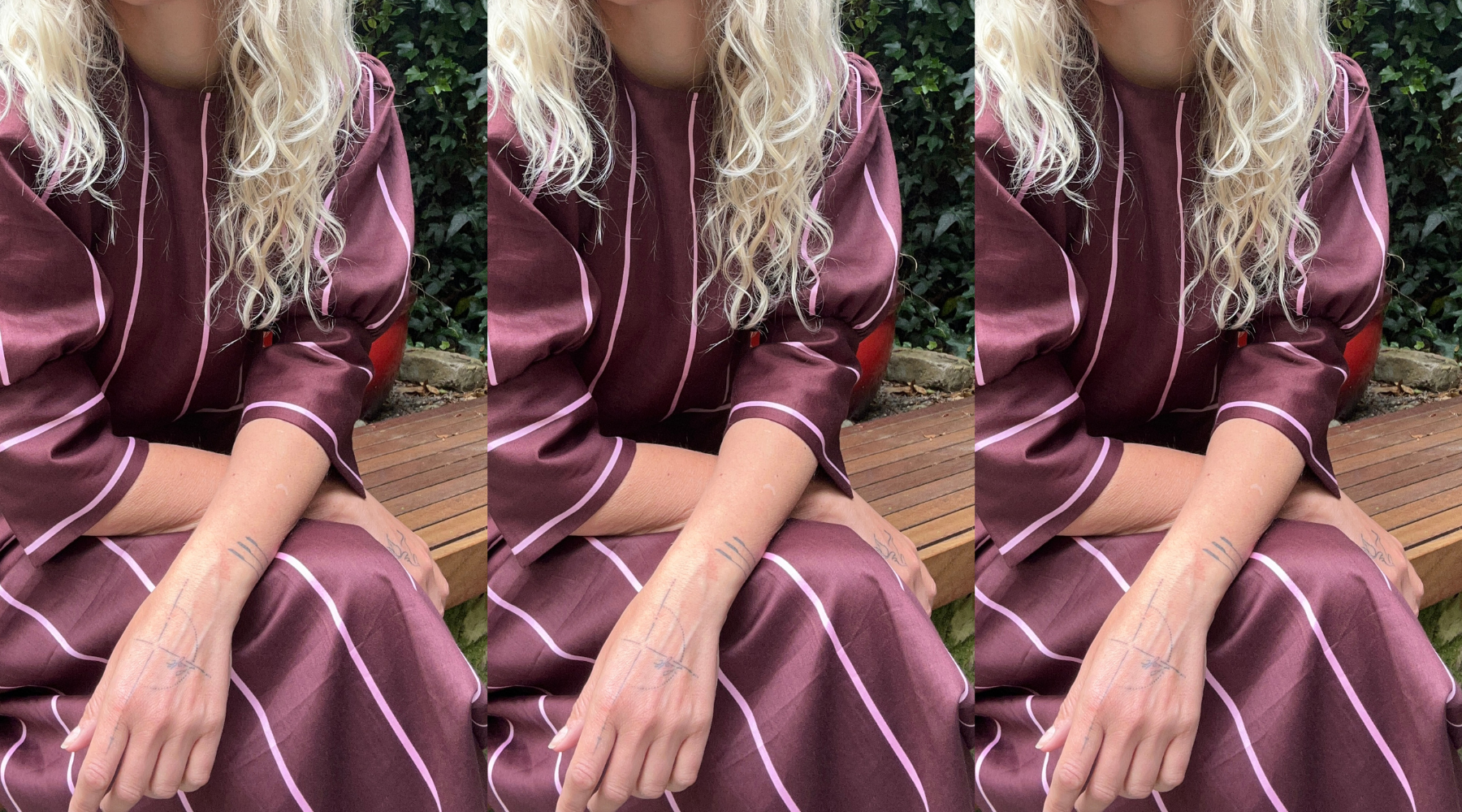 collage of three images of a woman sitting on a bench wearing a dark red and pink stripe outfit