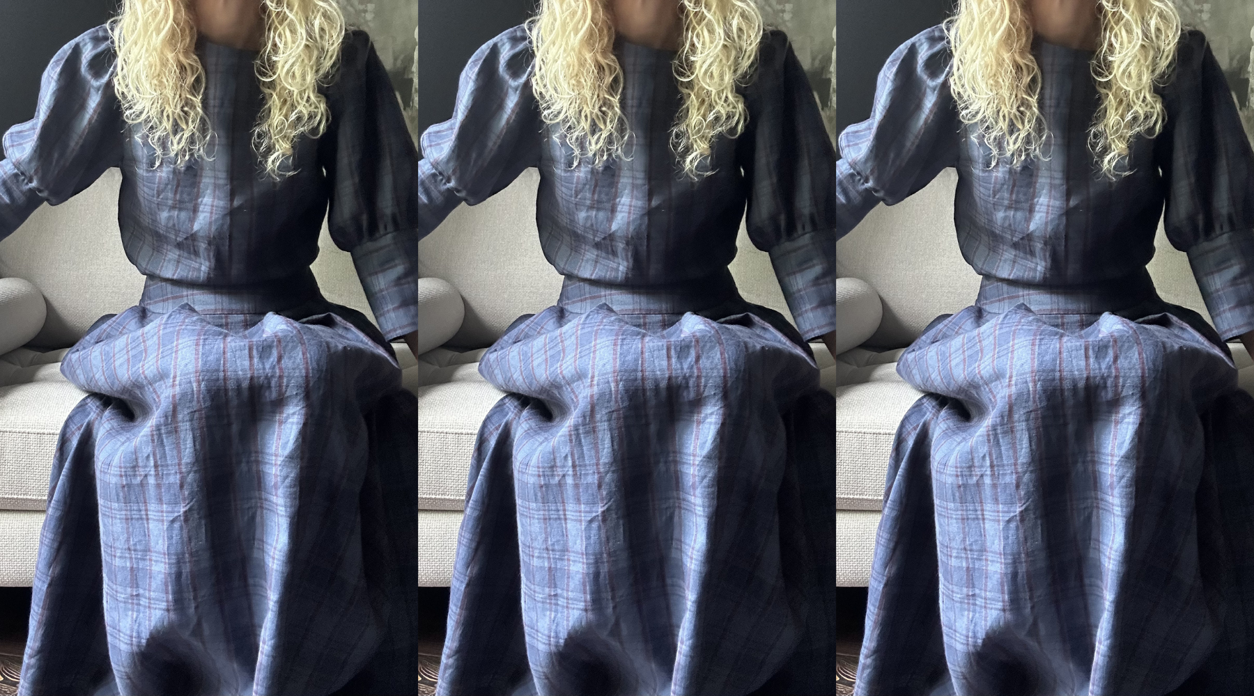 three images of a woman sitting on a cream sofa wearing a navy check skirt and a matching top
