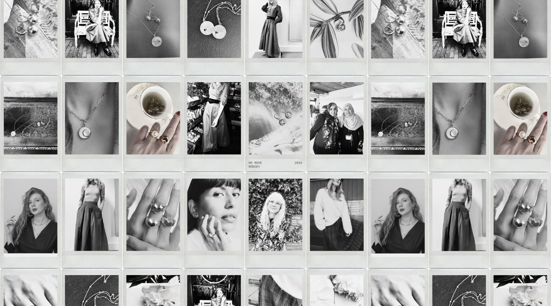 multiple black and white images of women, flowers, clothes and jewelry