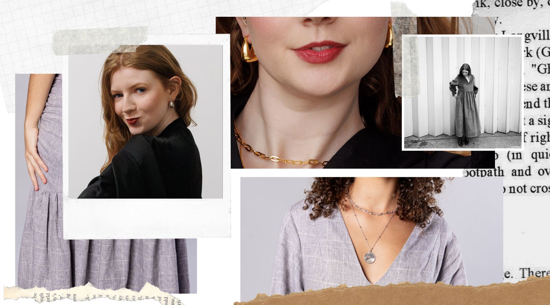 collage of images of women wearing jewellery and grey and black dresses