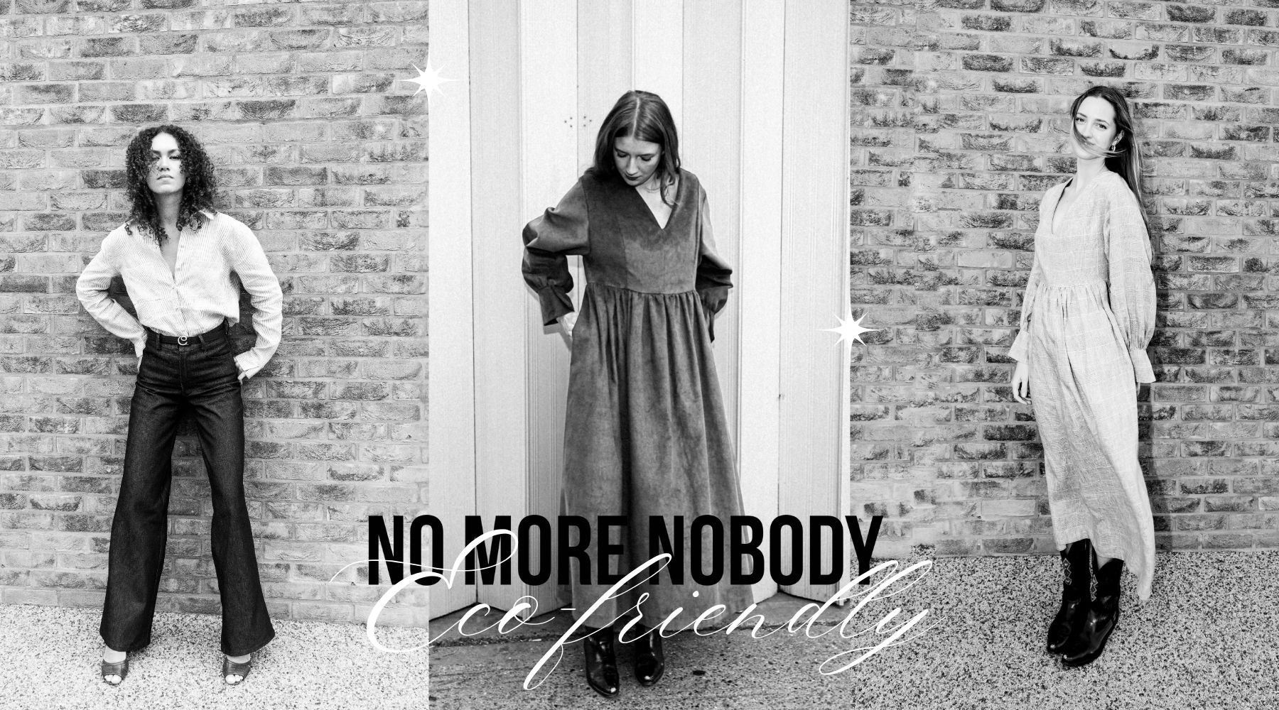 Black and white images of three women wearing dresses and trouser and a shirt against a brick background