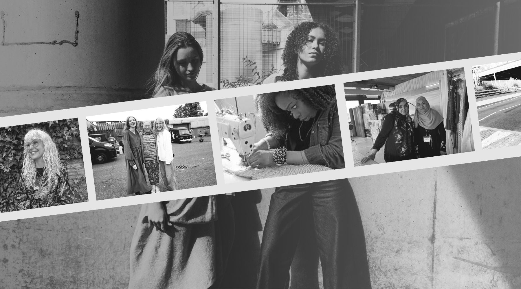 collage of seamstresses images against a backdrop of an image of two girls wearing dress and trouser in black and white