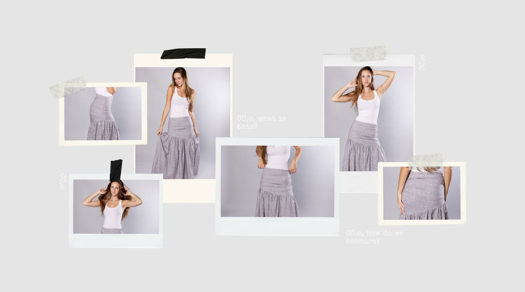 collage of pictures of a woman wearing a grey skirt and a white vest