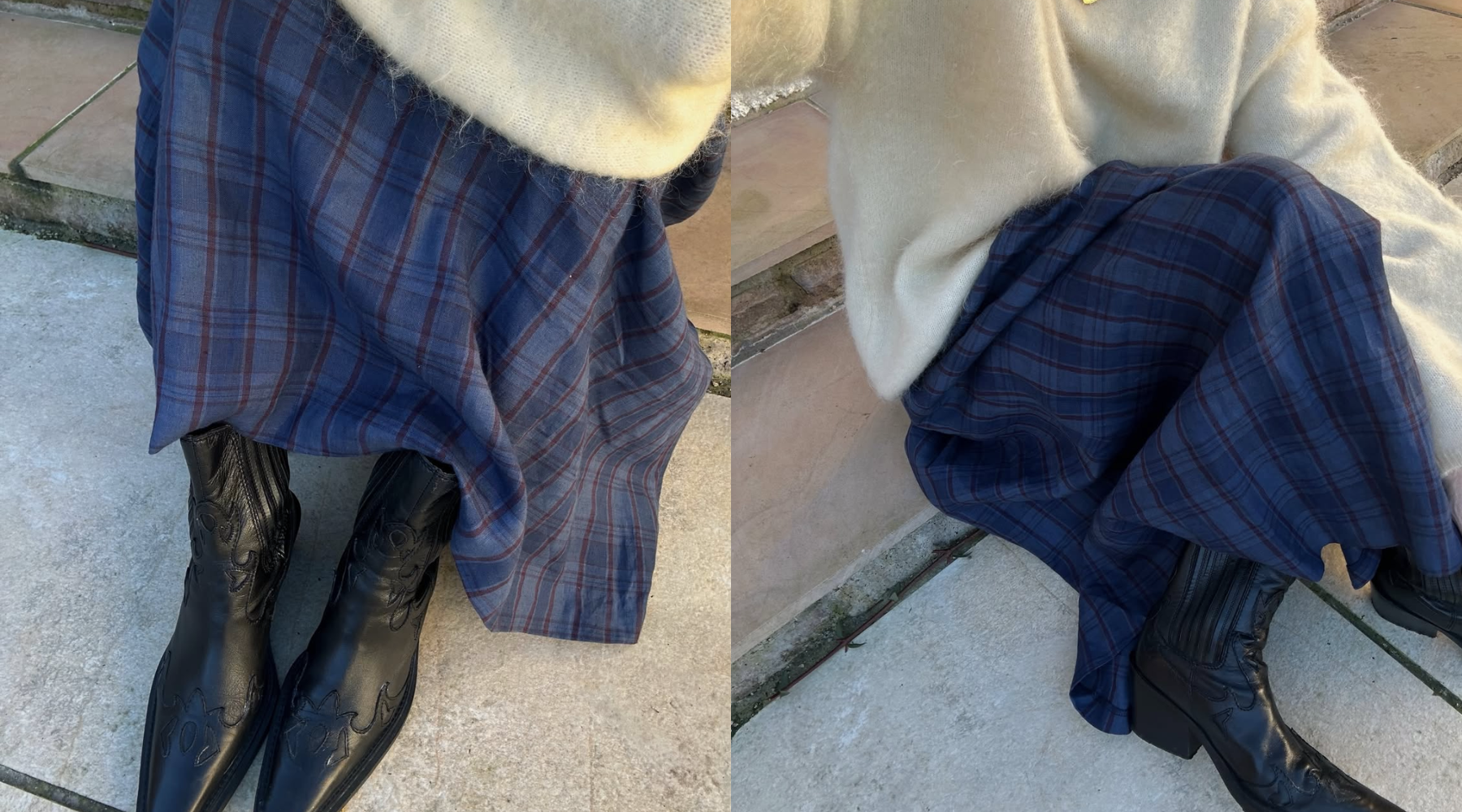 woman wearing navy check skirt, white jumper and black cowboy boots