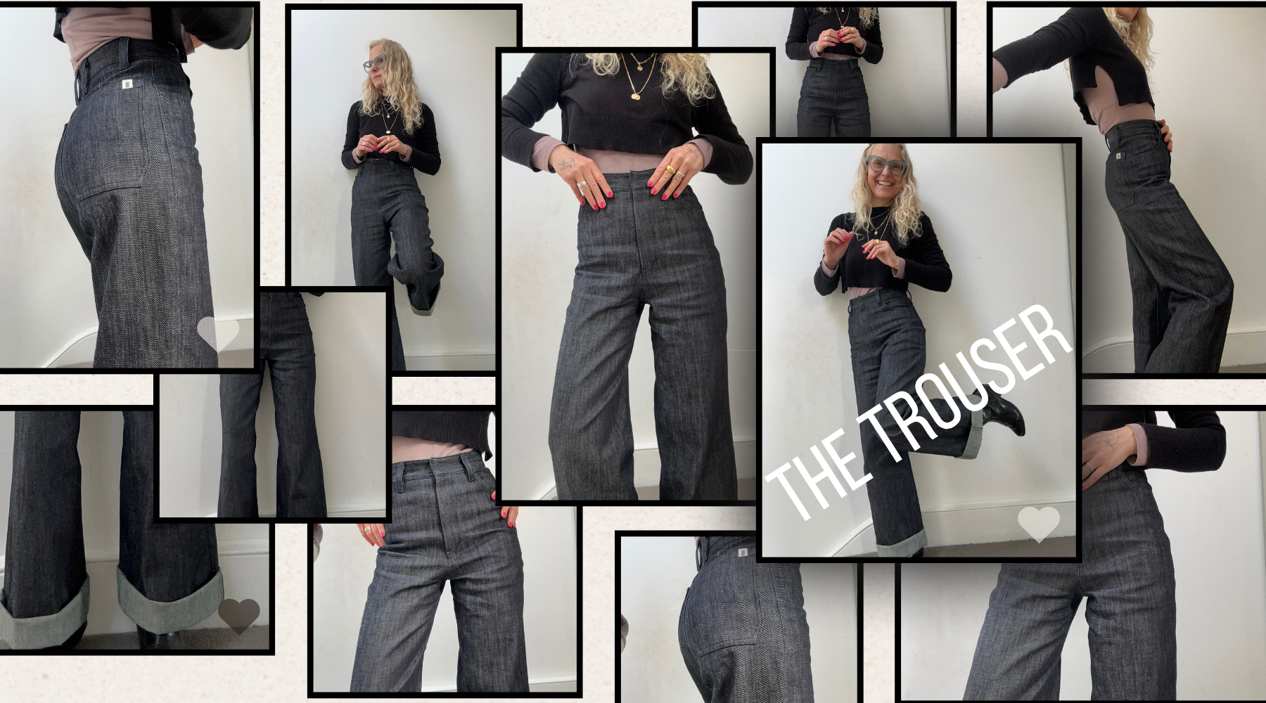 collage of a woman wearing dark denim jeans and a black crop top against a grey background