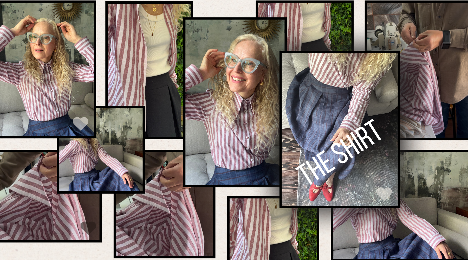 collage of a woman wearing pink stripe shirt