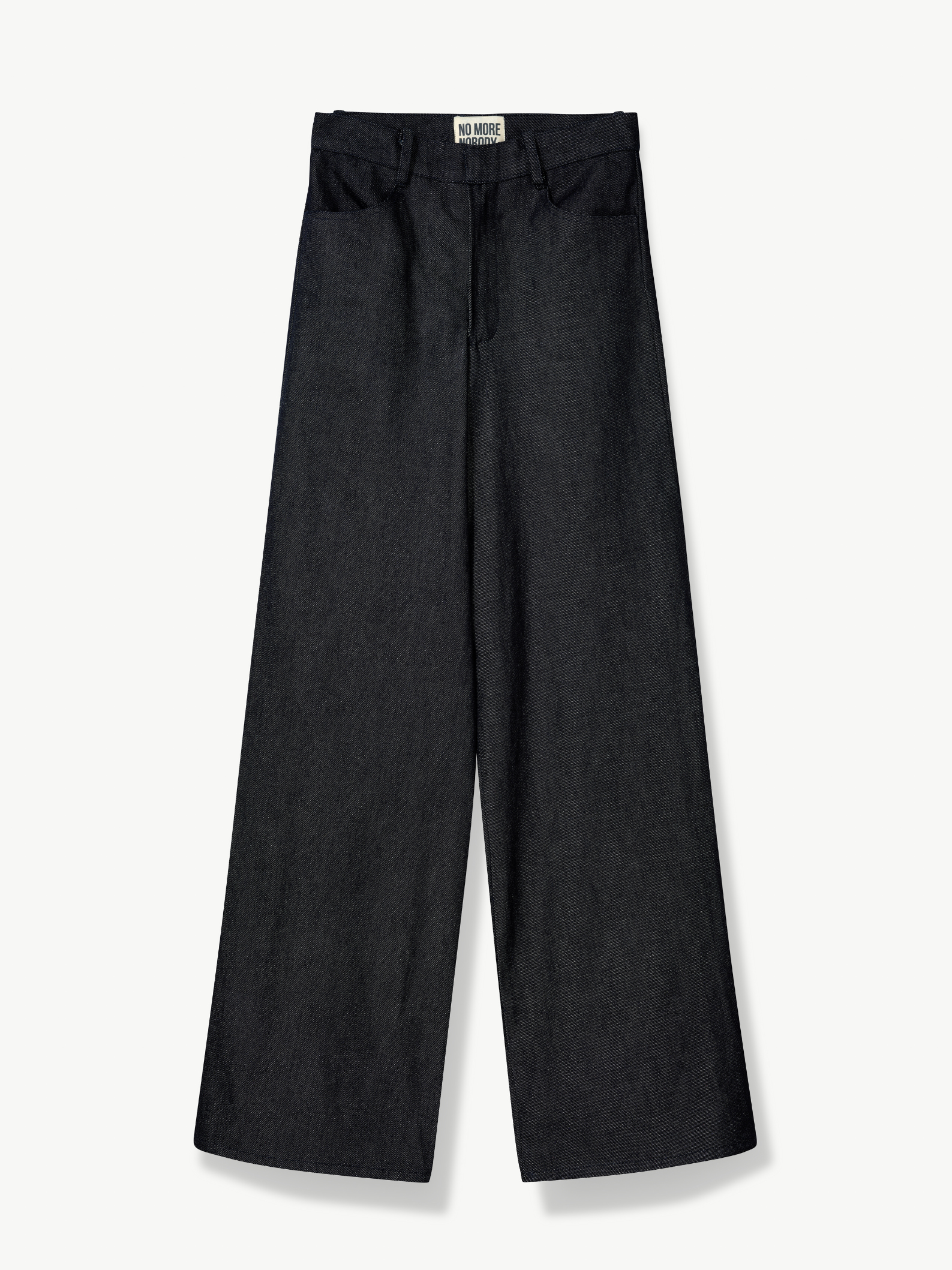 Dark navy denim wide leg pants on a white background