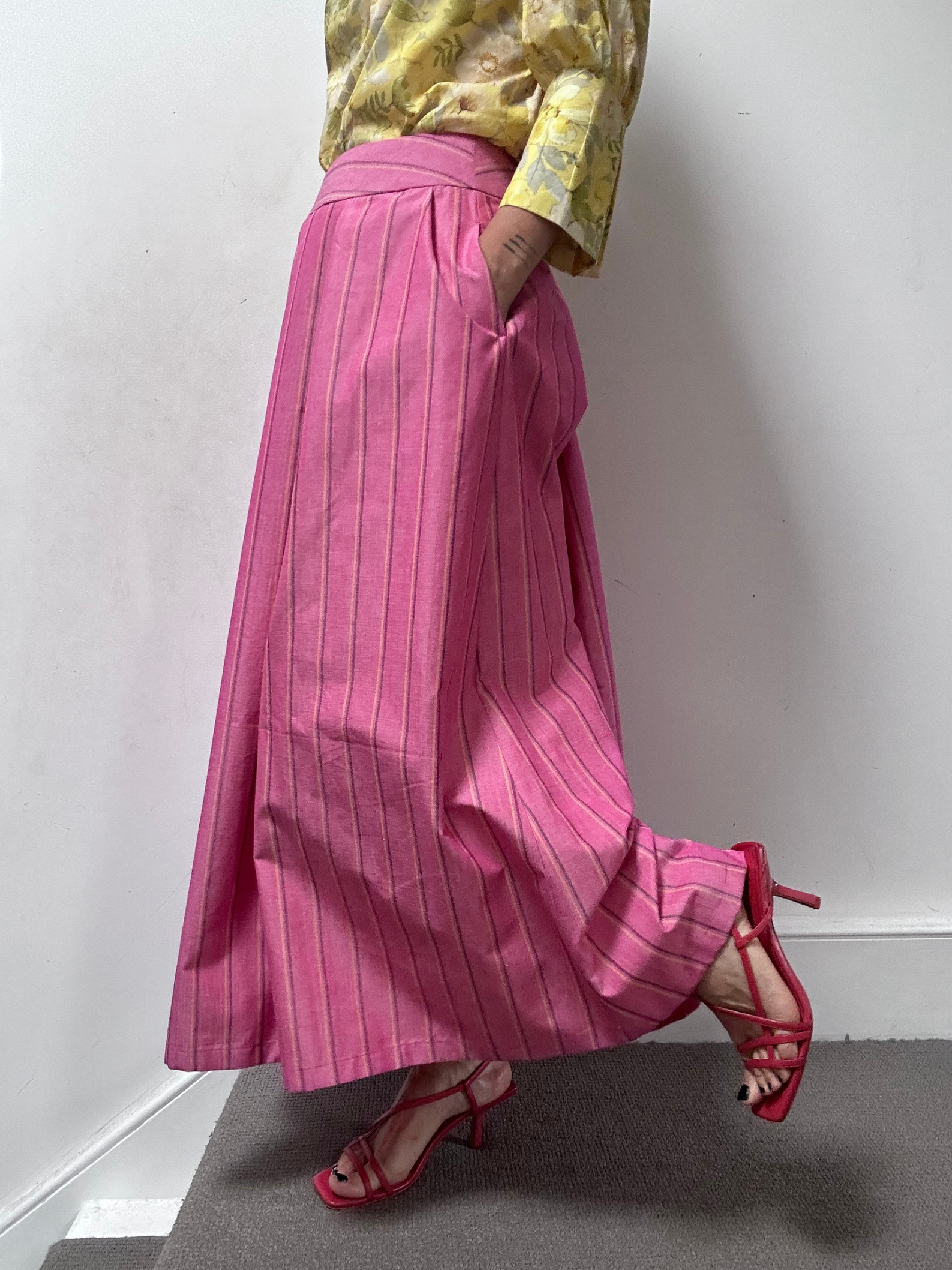 Maxi skirt with pockets Organic Linen Pink stripe – Valery | No More Nobody