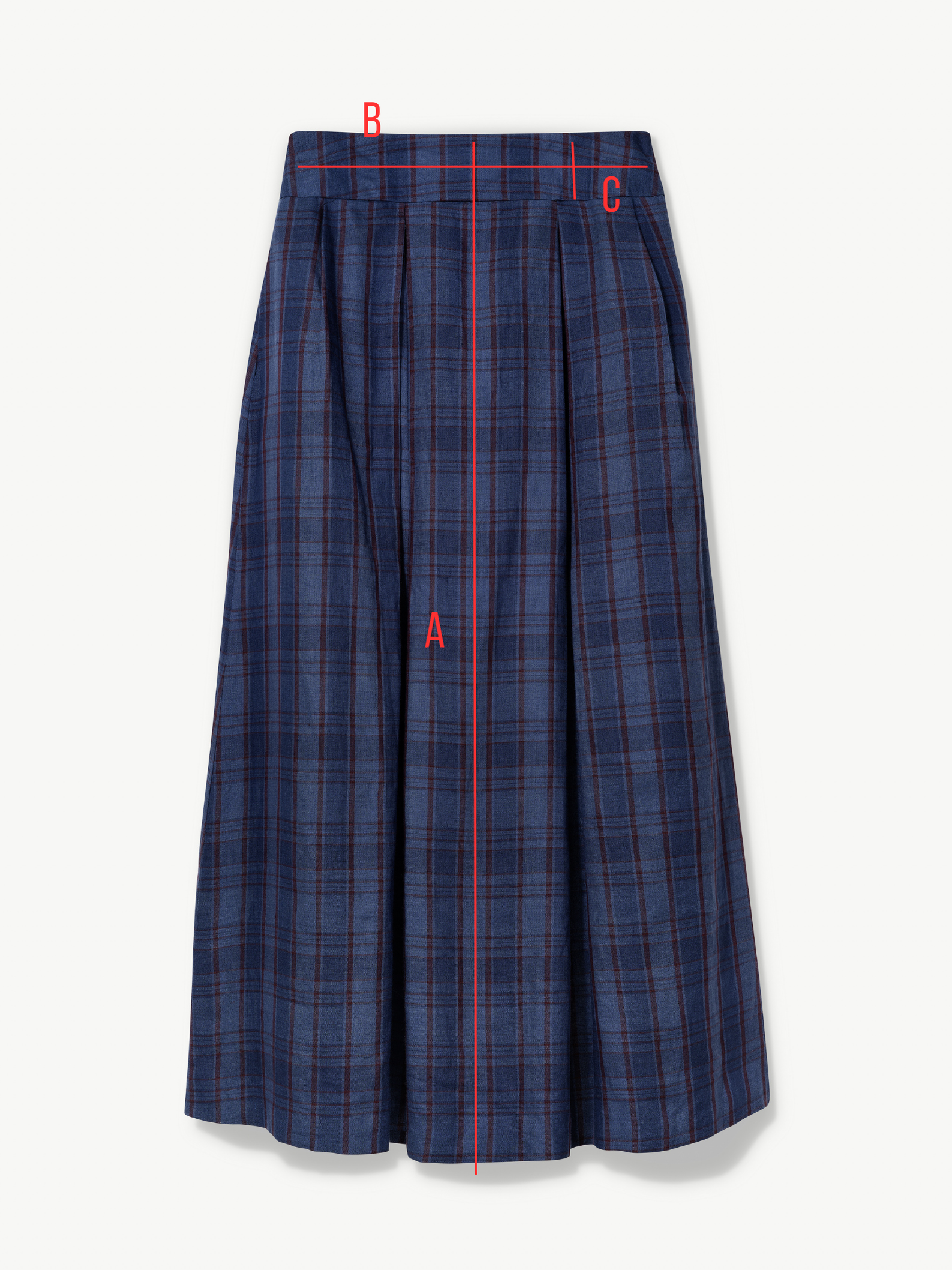 Navy plaid skirt with measurement lines on a white background