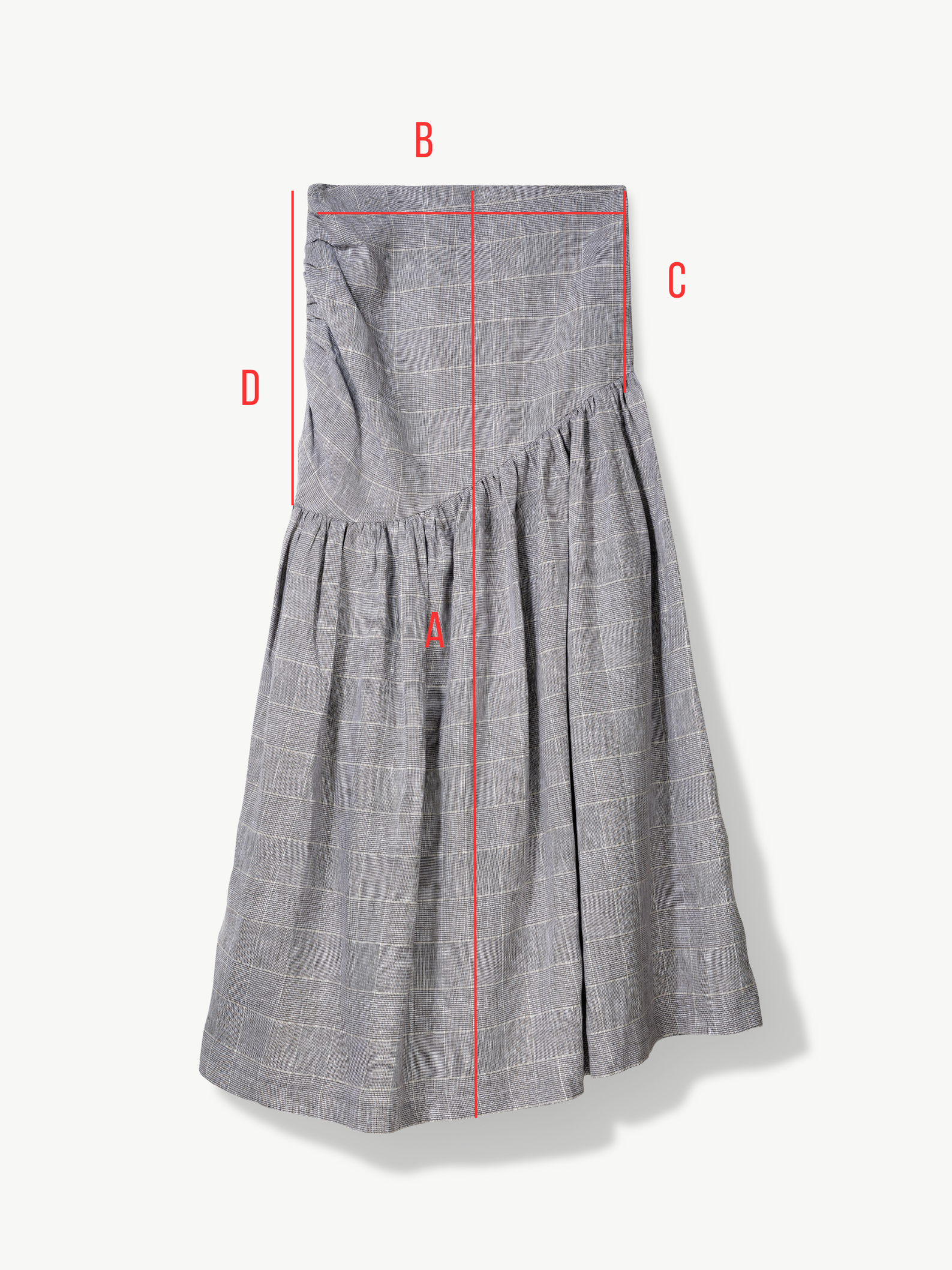 Gray checkered dress with red measurement lines on a white background