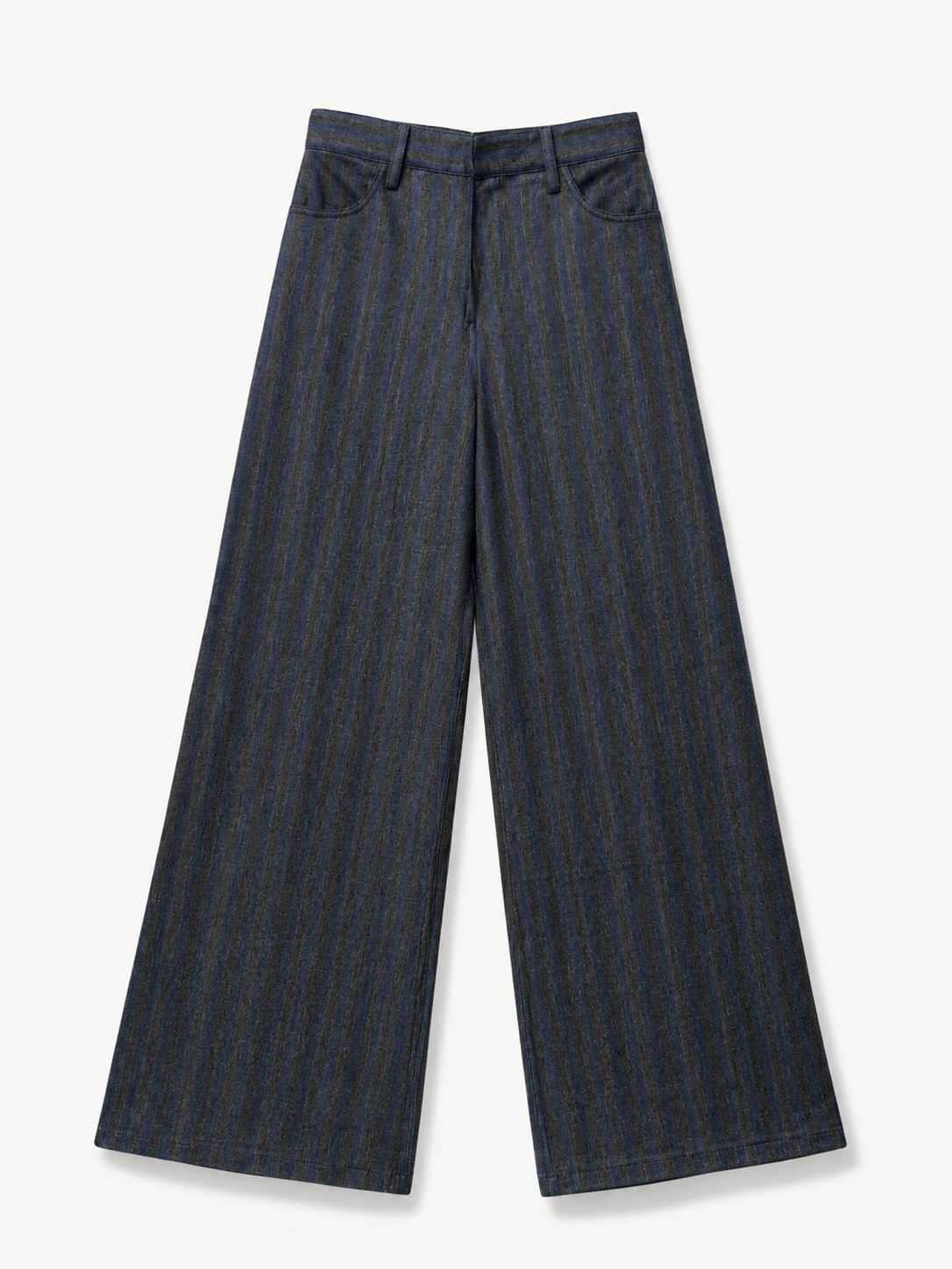 Navy and blue stripe wide leg jeans against a light grey background