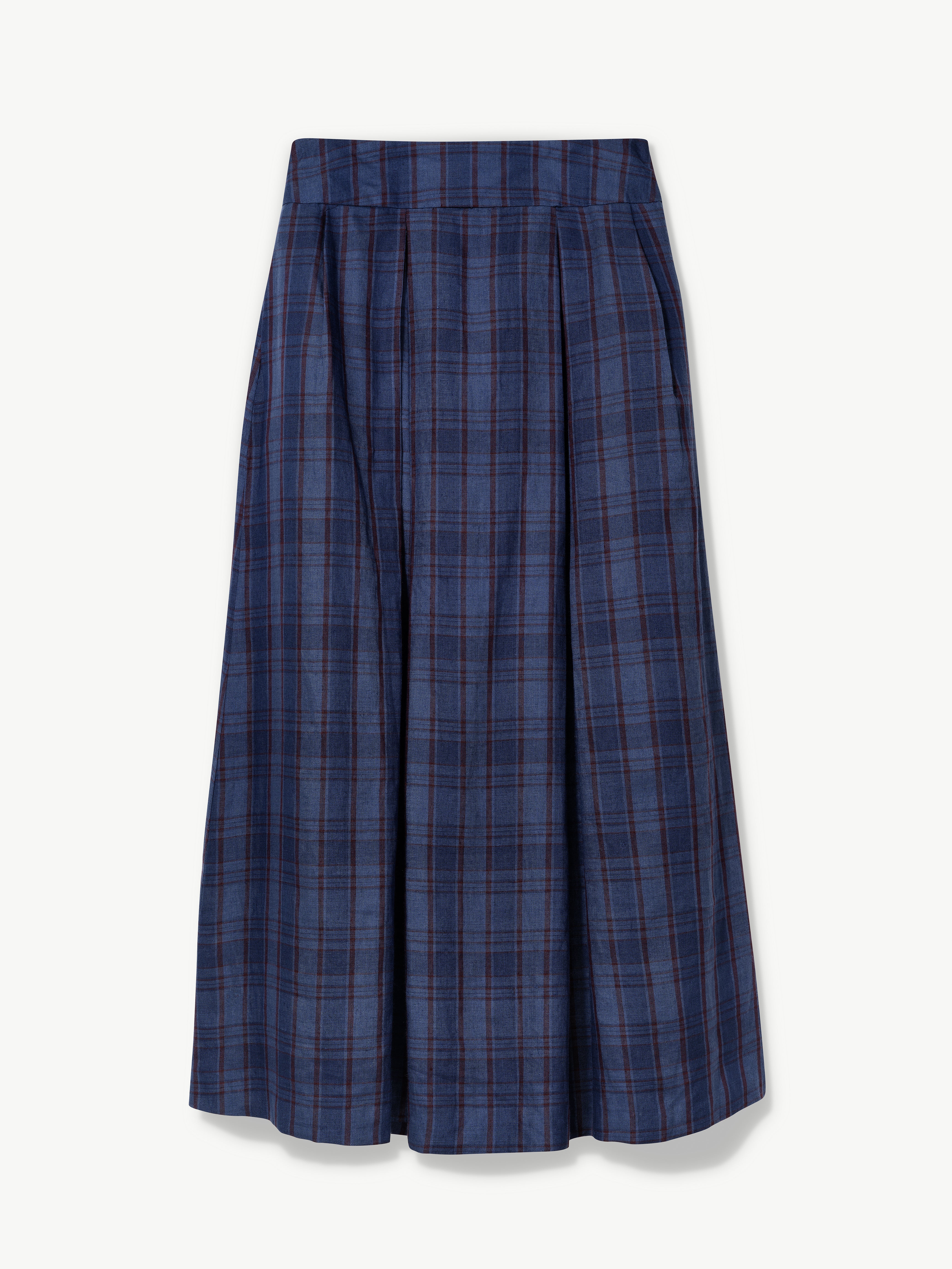 Navy blue plaid skirt on a white background