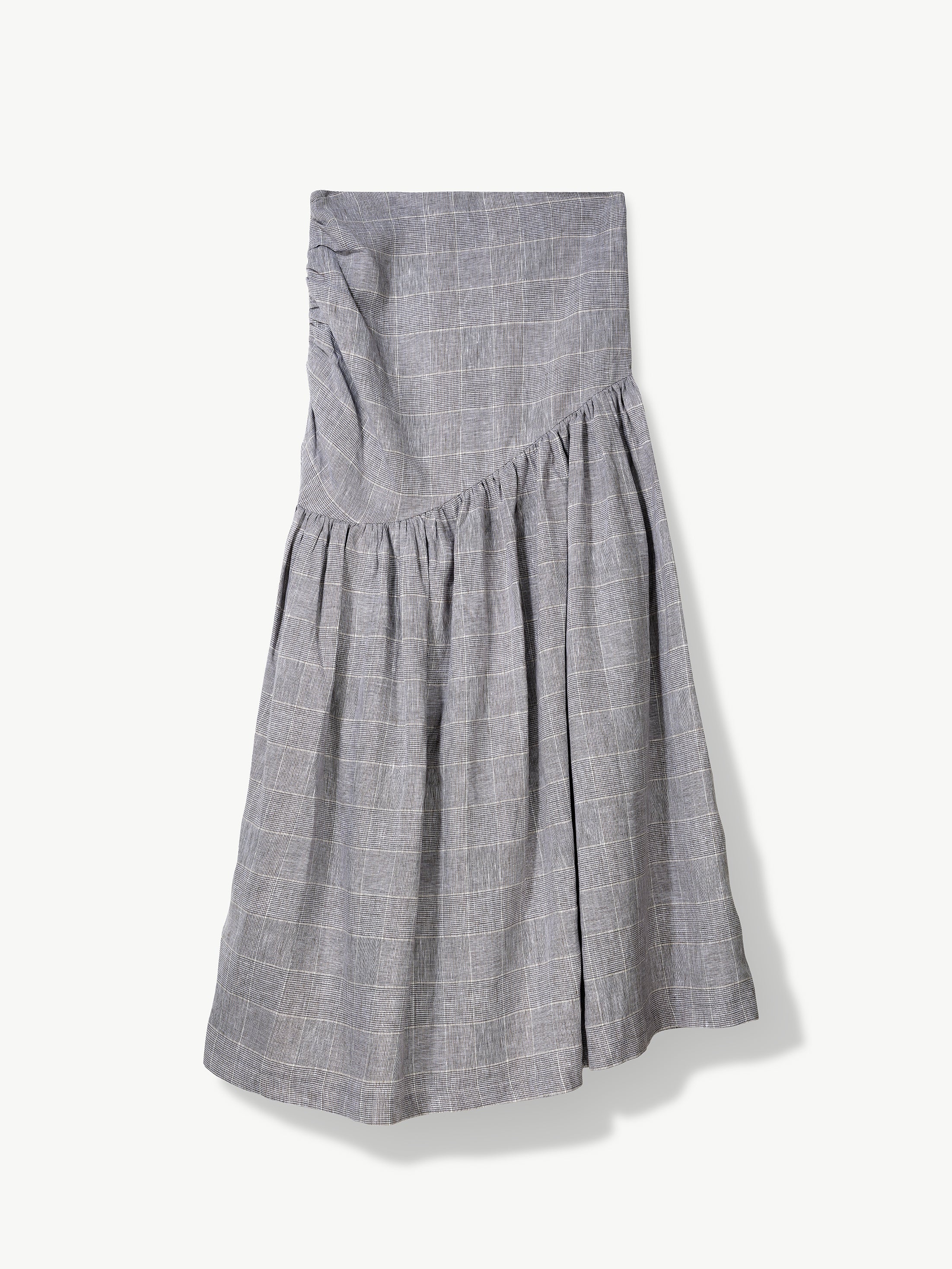 Grey gathered checkered skirt with exposed zip on a white background.
