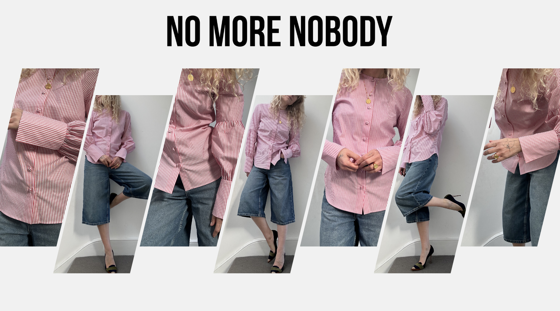 a collage of a woman wearing a red stripe shirt and jeans against a grey background