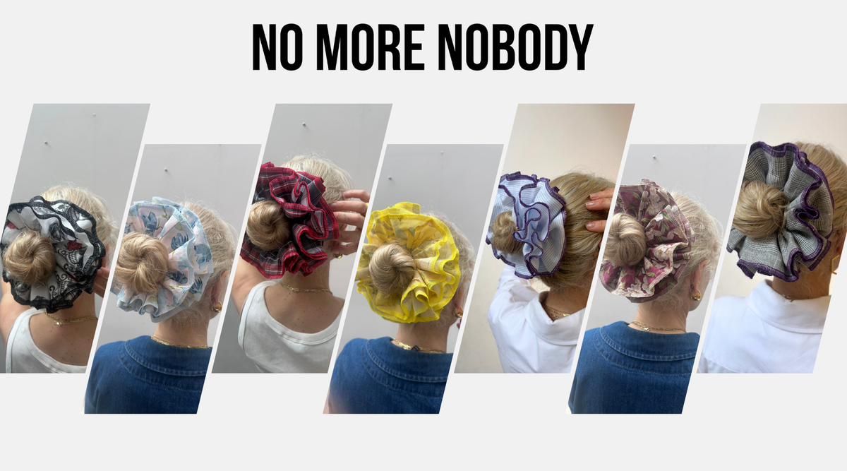 collage of images of a woman with blonde hair wearing floral and checked hair scrunchies