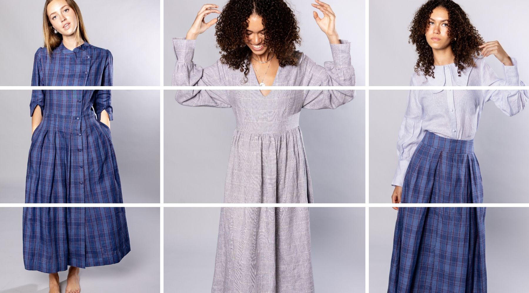 blonde and black hair women wearing navy and grey check dresses and skirts