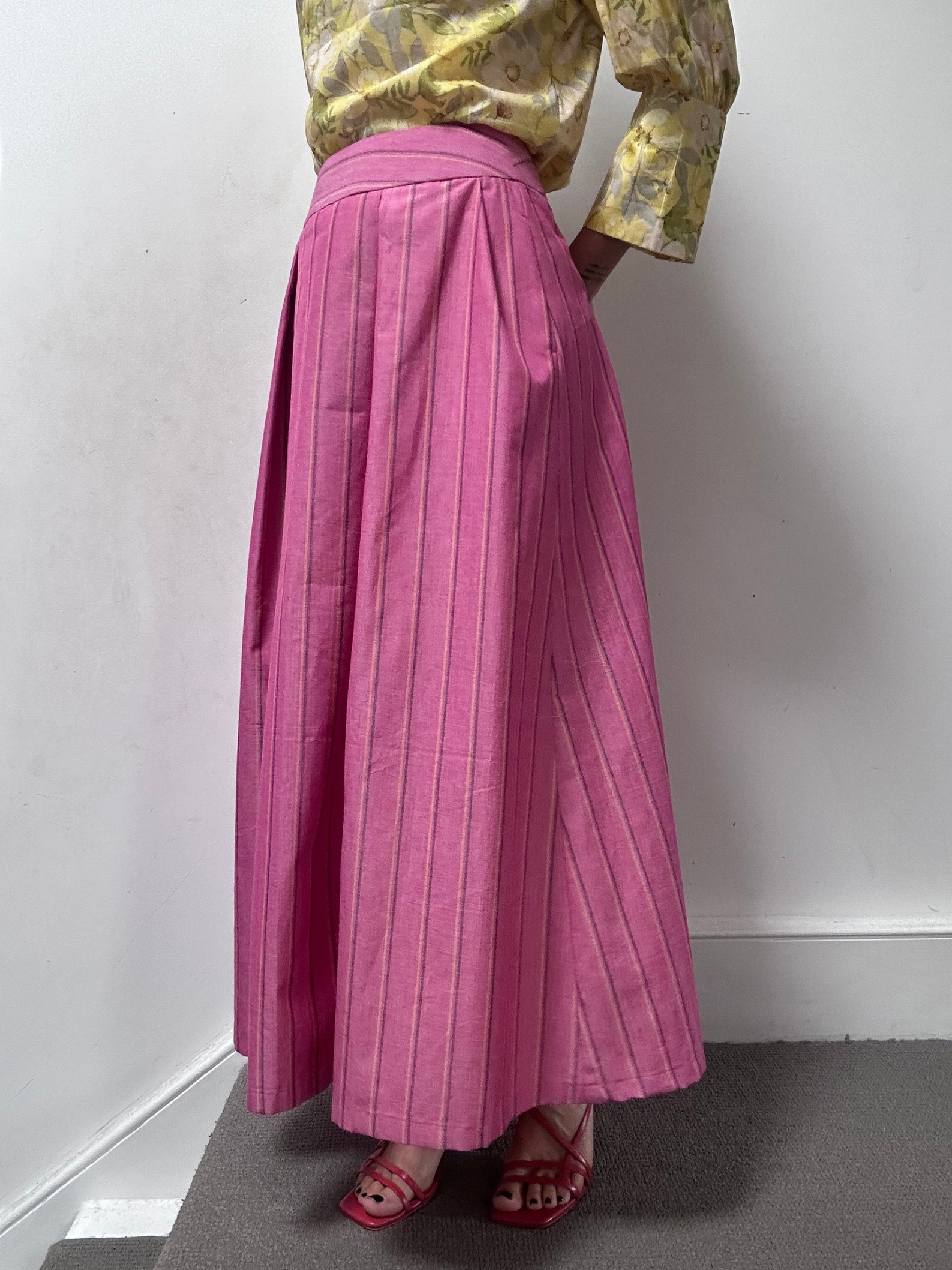 Maxi skirt with pockets Organic Linen Pink stripe – Valery | No More Nobody