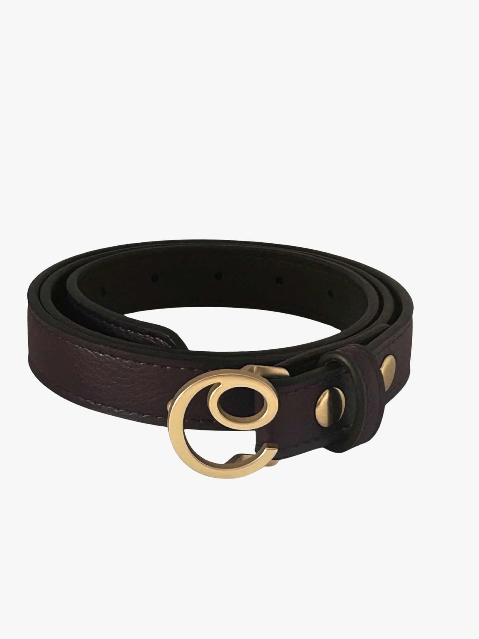 Dark brown vegan leather belt with a gold buckle on a white background