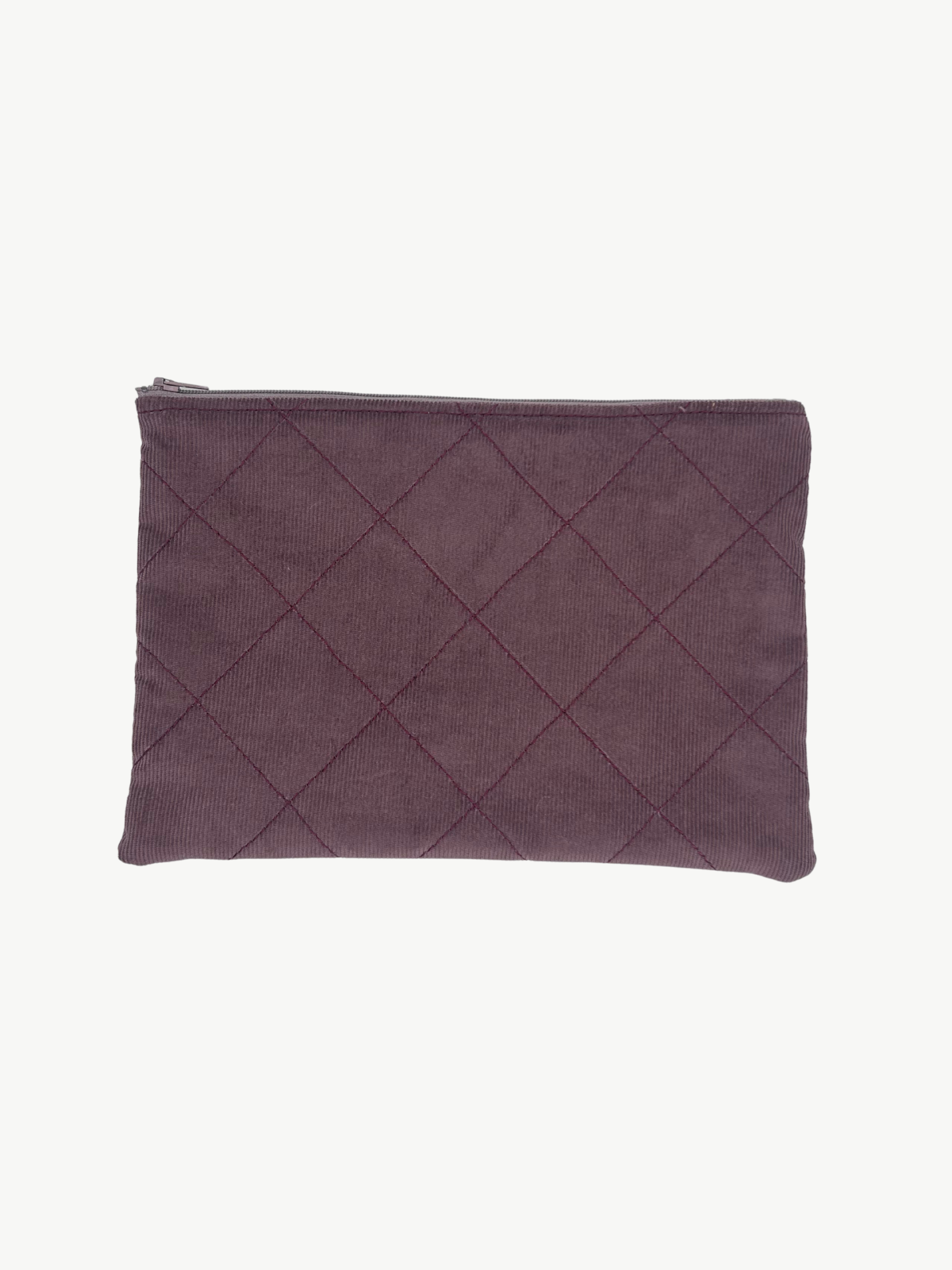 Purple quilted pouch on a white background