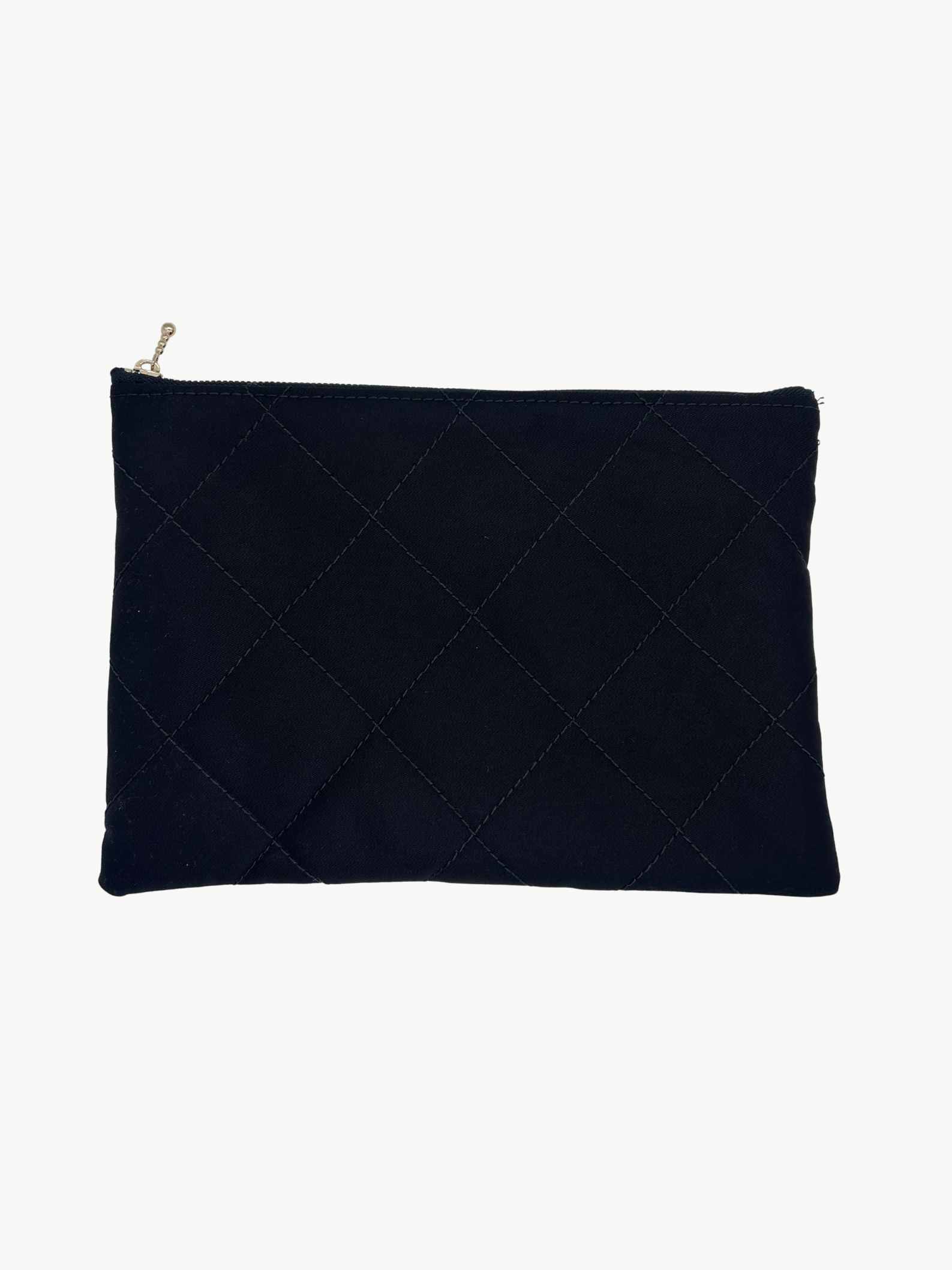 Black quilted pouch on a white background
