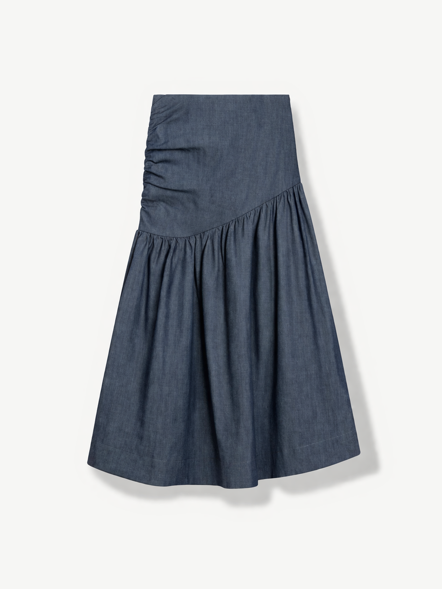 【美品】Chambray Gather Skirt 36 BK Hilda Gathered Maxi Skirt | Denim Chambray | No More Nobody