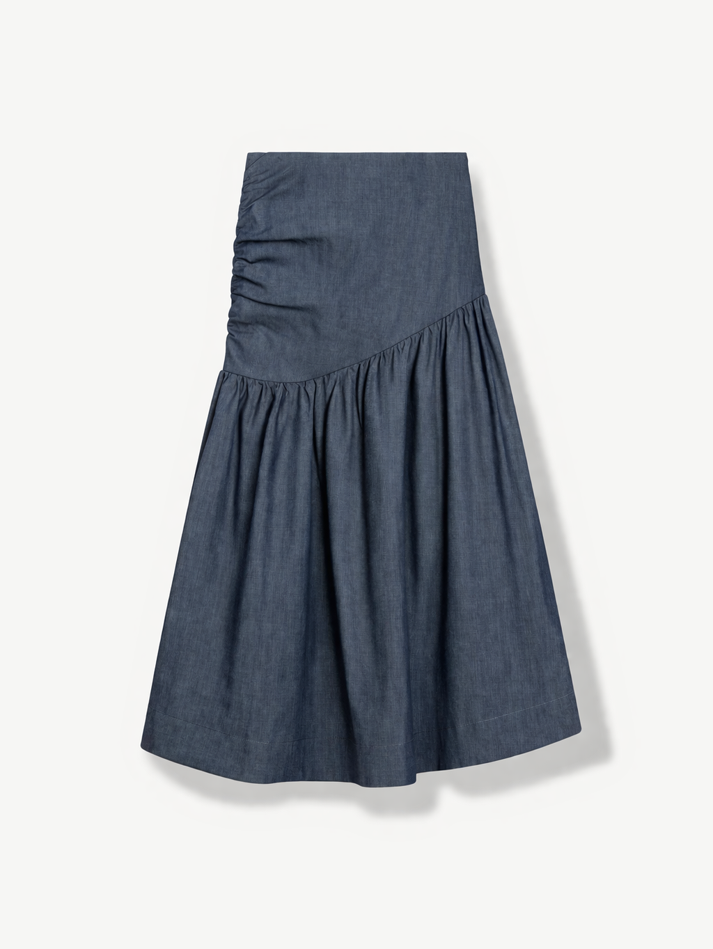 Blue denim skirt on a white background